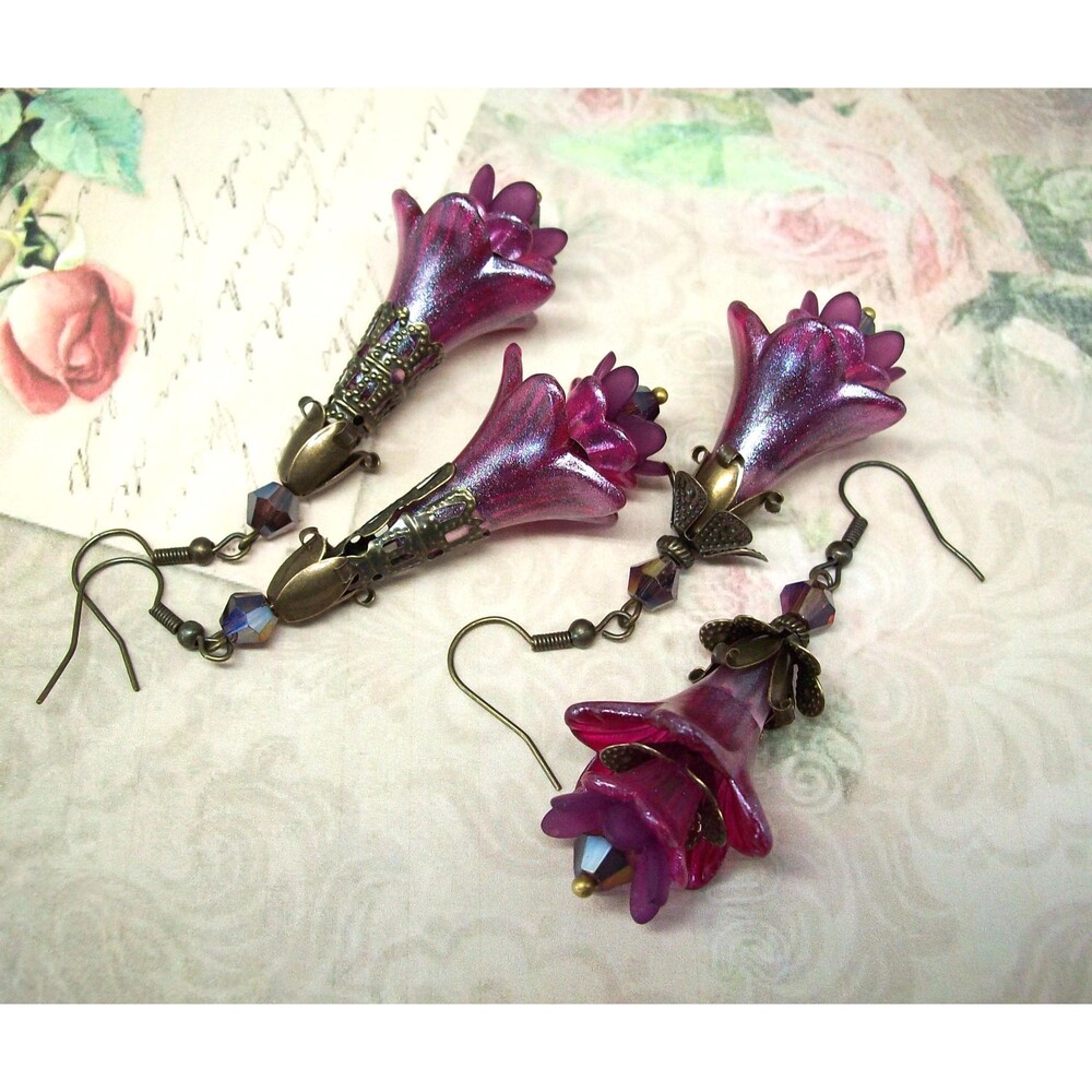 Art Nouveau Earrings Vintage Style, Hand Painted Artisan Crafted Floral Jewelry